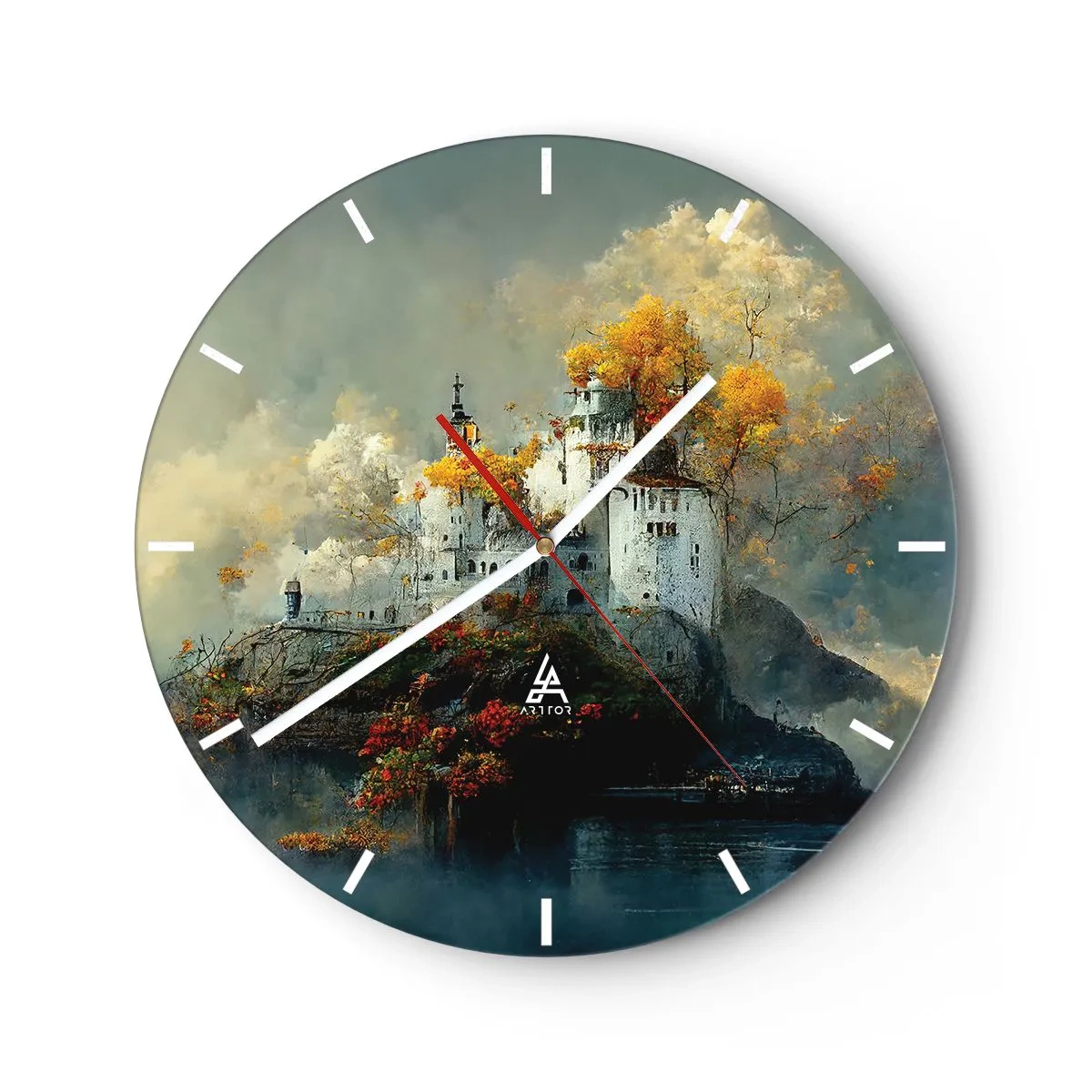 Zegar ścienny - Bajkowy zamek na wzgórzu otoczony jesiennymi drzewami - 30x30cm - Początek romantycznej opowieści - Nowoczesna dekoracja ścienna do salonu, kuchni i sypialni ARTTOR