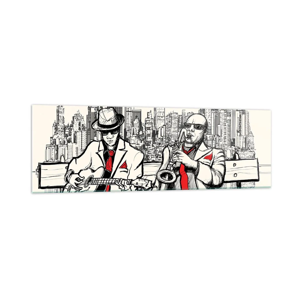 Obraz na szkle - Jazzowy duet z saksofonem i gitarą na tle miasta - 160x50cm - Nowojorska improwizacja - Nowoczesna dekoracja ścienna do salonu i sypialni ARTTOR