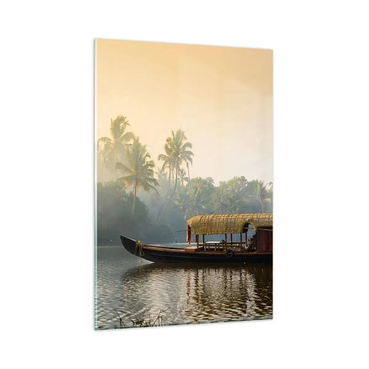 Obraz na szkle - Tradycyjna łódź na spokojnej rzece wśród palm - 80x120cm - Dom na rzece - Nowoczesna dekoracja ścienna do salonu i sypialni ARTTOR