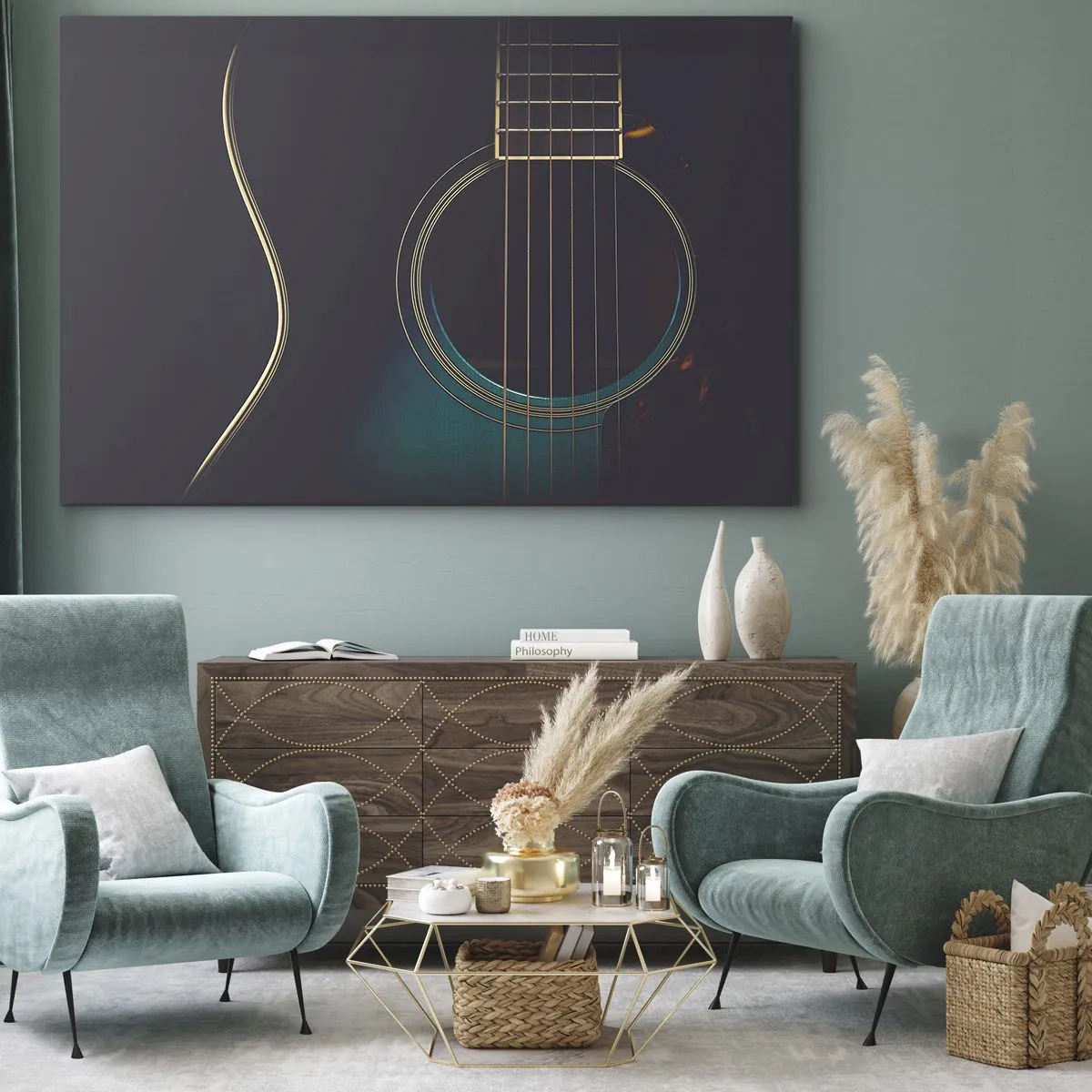Obraz na płótnie - Akustyczna gitara w ciemnym, eleganckim świetle - 70x50cm - Chwila zanim zabrzmi - Nowoczesna dekoracja ścienna do salonu i sypialni ARTTOR