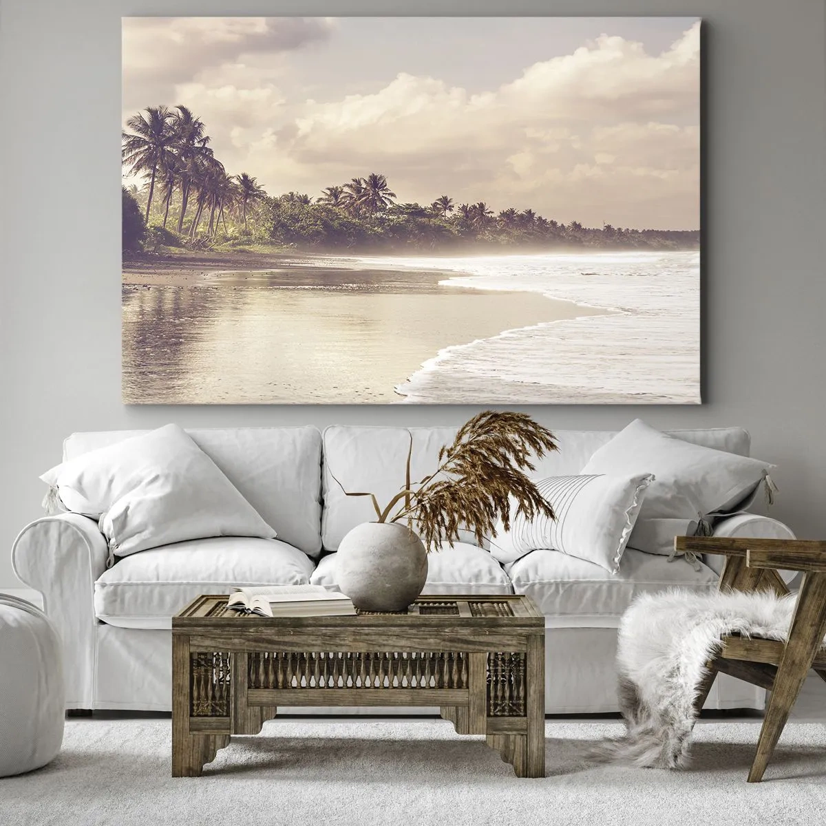 Obraz na płótnie - Plaża z palmami i delikatnymi falami o poranku - 70x50cm - Pieszczota fal - Nowoczesna dekoracja ścienna do salonu i sypialni ARTTOR