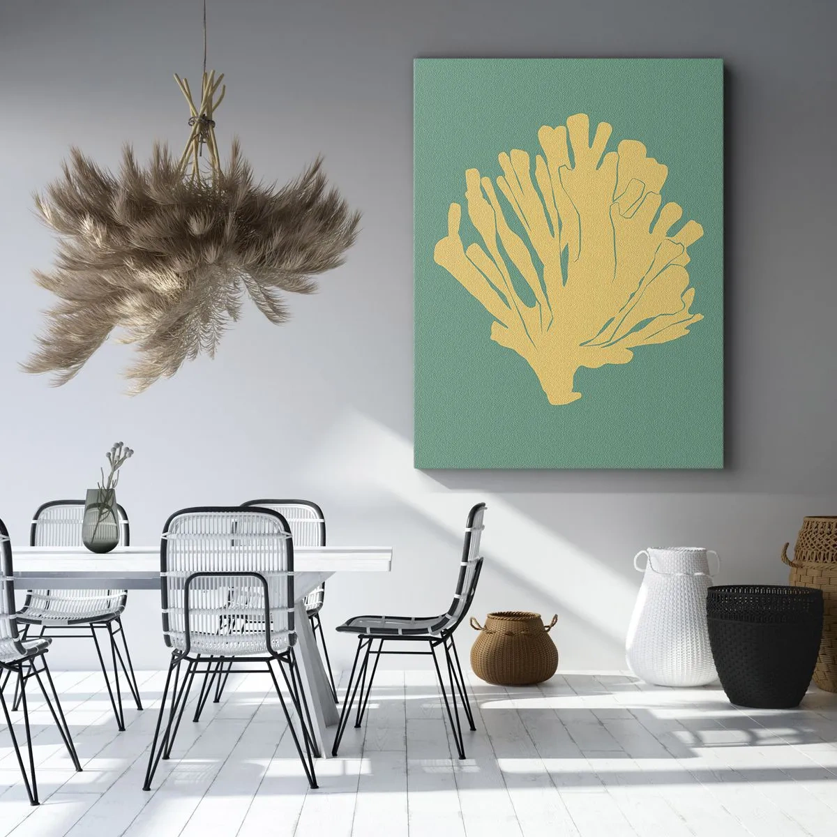 Obraz na płótnie - Minimalistyczna ilustracja koralowca w odcieniach złota na zielonym tle - 80x120cm - Krzak podwodnego lasu - Nowoczesna dekoracja ścienna do salonu i sypialni ARTTOR