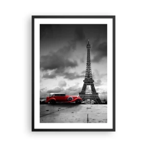 Plakat w czarnej ramie - Czerwony samochód na tle Wieży Eiffla w czerni i bieli - 50x70cm - Nie tak dawno w Paryżu - Nowoczesna dekoracja ścienna do salonu i sypialni ARTTOR