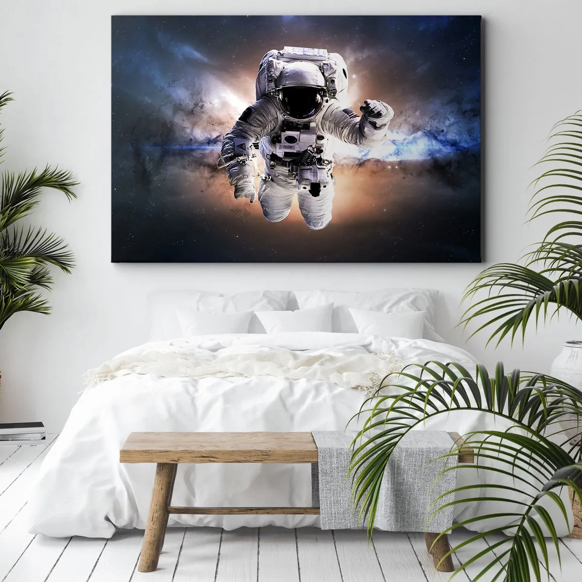 Obraz na płótnie - Astronauta w przestrzeni kosmicznej - 100x70cm - Pozdrowienia z kosmosu - Nowoczesna dekoracja ścienna do salonu, kuchni i sypialni ARTTOR