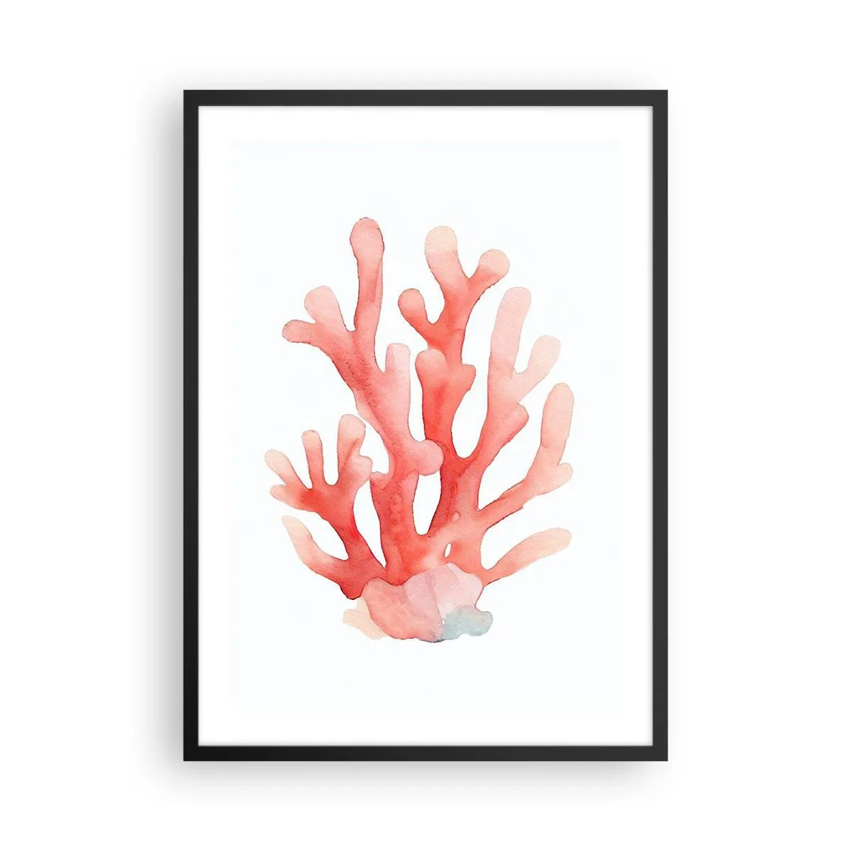 Plakat w czarnej ramie - Akwarelowa ilustracja czerwonego koralowca na białym tle - 50x70cm - Koral koloru koralowego - Nowoczesna dekoracja ścienna do salonu i sypialni ARTTOR