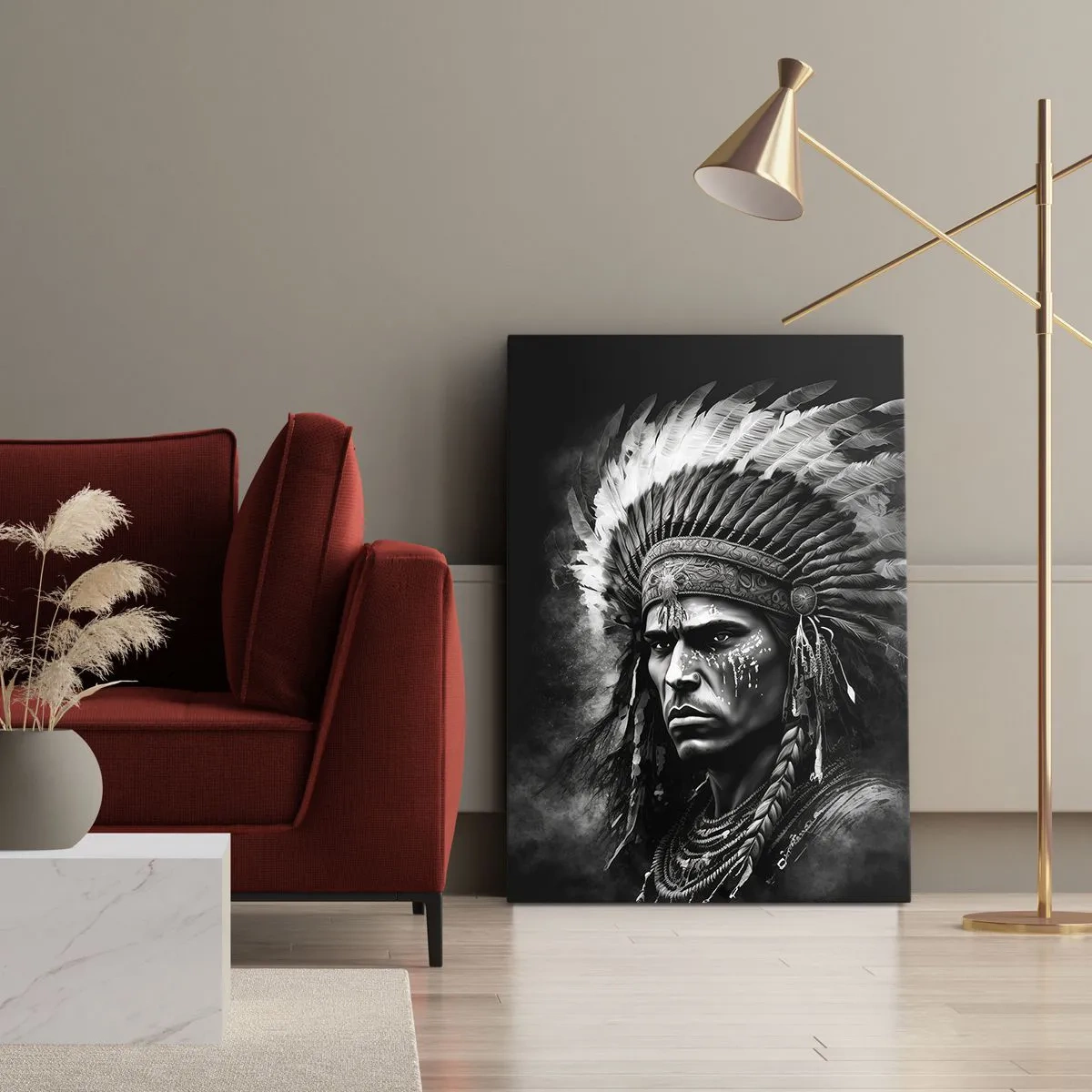 Obraz na płótnie - Czarno-biały portret wodza Indian w bogato zdobionym pióropuszu - 50x70cm - Wódz i wojownik - Nowoczesna dekoracja ścienna do salonu, kuchni i sypialni ARTTOR