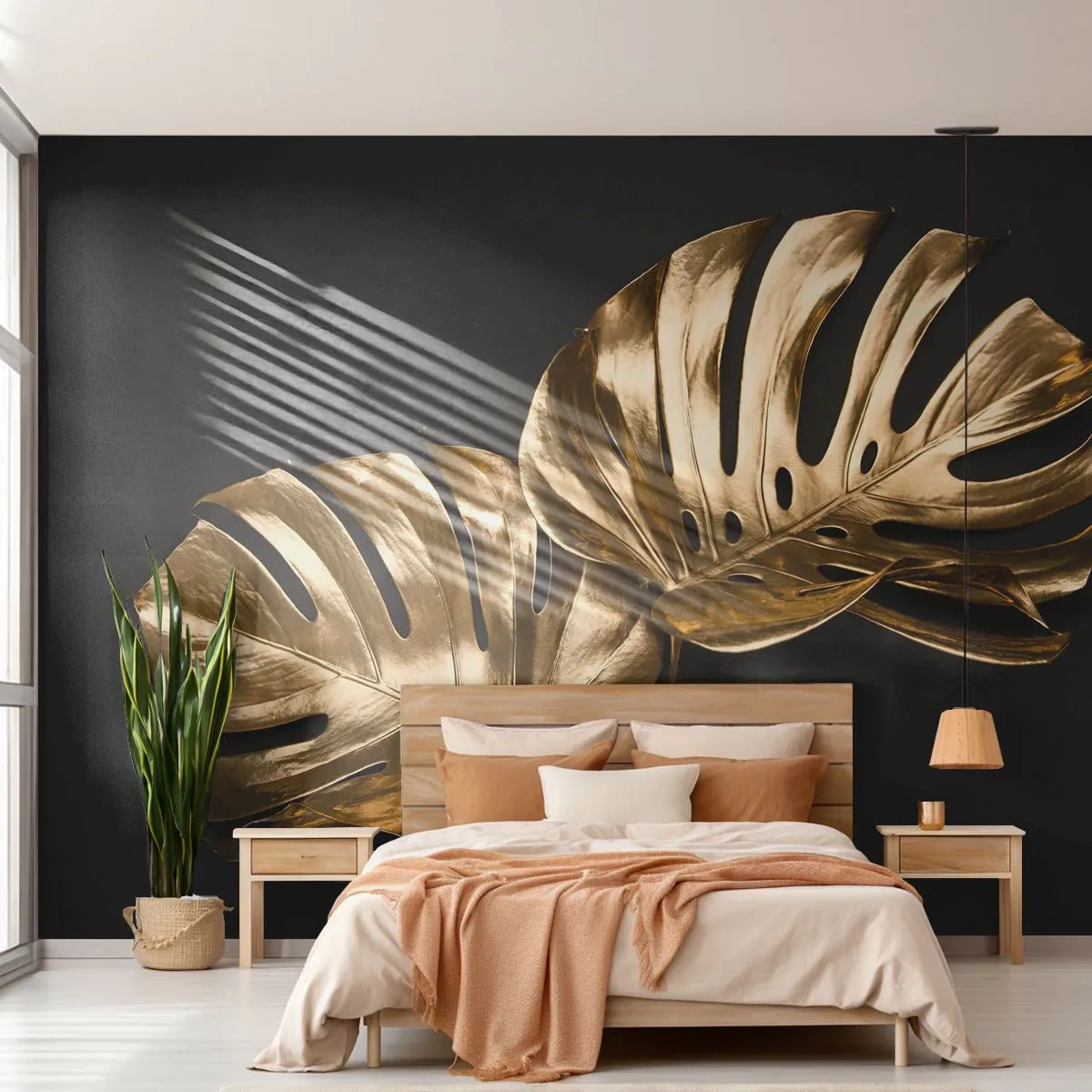 Fototapeta Premium Sand - Złote liście monstery na czarnym tle w eleganckim stylu - 100x70cm - Skarby natury - Nowoczesna dekoracja ścienna do salonu, kuchni i sypialni ARTTOR