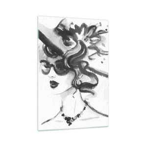 Obraz na szkle - Elegancka kobieta w kapeluszu w czarno-białym stylu - 70x100cm - Dama z charakterem - Nowoczesna dekoracja ścienna do salonu i sypialni ARTTOR