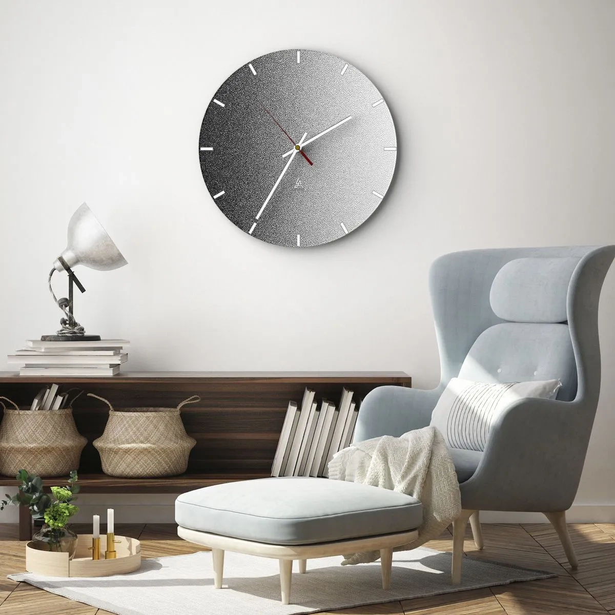 Zegar ścienny - Czarno-biały gradient utworzony z gęstych punktów przechodzących w światło - 30x30cm - W stronę światła - Nowoczesna dekoracja ścienna do salonu, kuchni i sypialni ARTTOR
