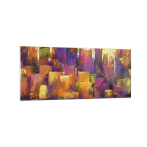Obraz na szkle - Abstrakcyjna kompozycja metropolii w odcieniach żółci i fioletu - 120x50cm - Kompozycja metropolitalna - Nowoczesna dekoracja ścienna do salonu i sypialni ARTTOR