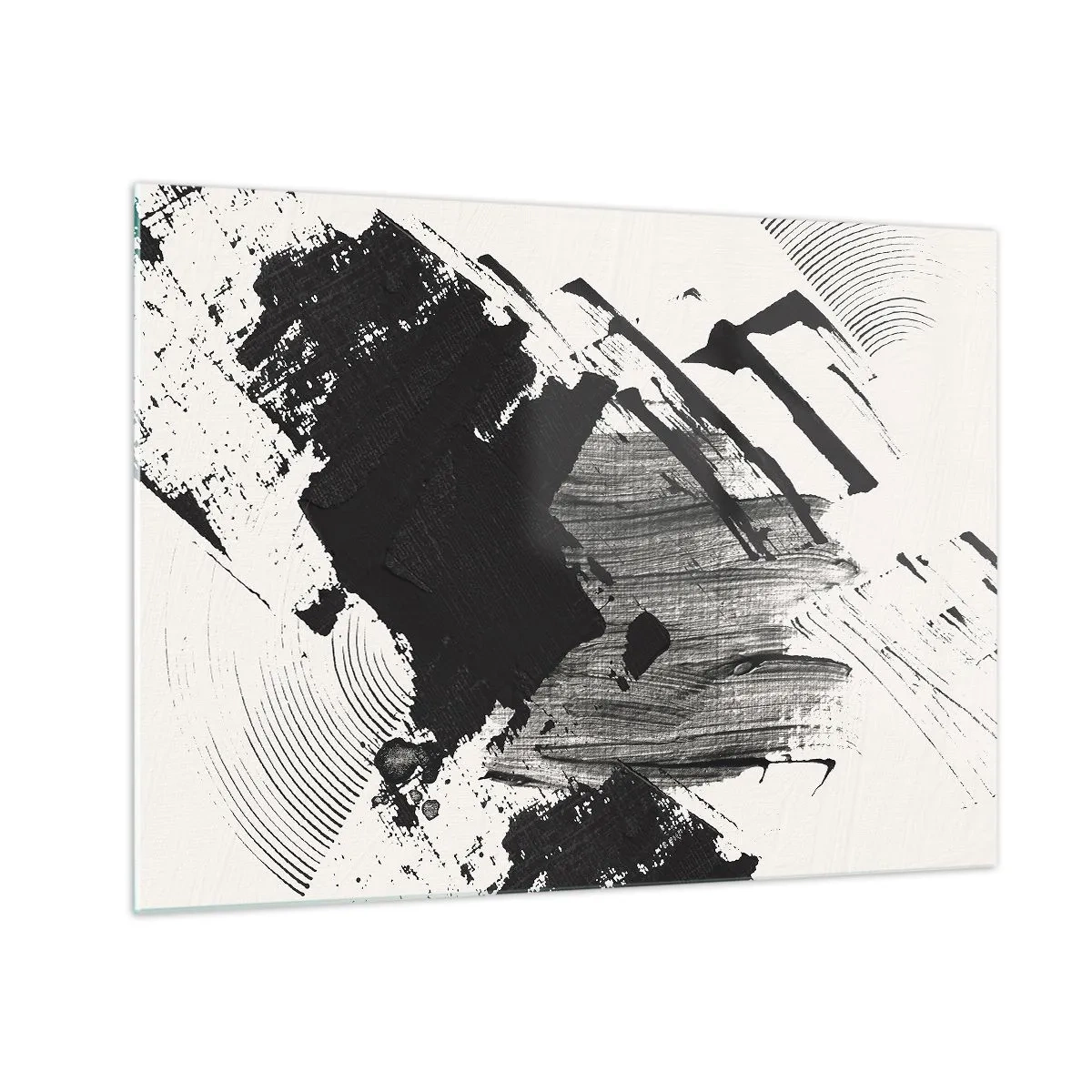 Obraz na szkle - Ekspresyjna abstrakcja w czerni i bieli z dynamicznymi pociągnięciami - 70x50cm - Abstrakcja – ekspresja czerni - Nowoczesna dekoracja ścienna do salonu i sypialni ARTTOR