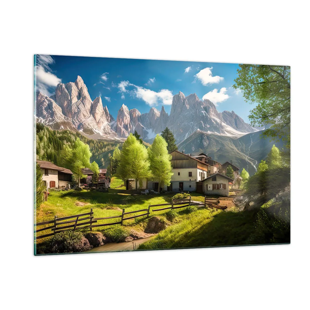 Obraz na szkle - Wiejska zabudowa wśród zieleni u stóp alpejskich szczytów - 120x80cm - Alpejska sielanka - Nowoczesna dekoracja ścienna do salonu, kuchni i sypialni ARTTOR