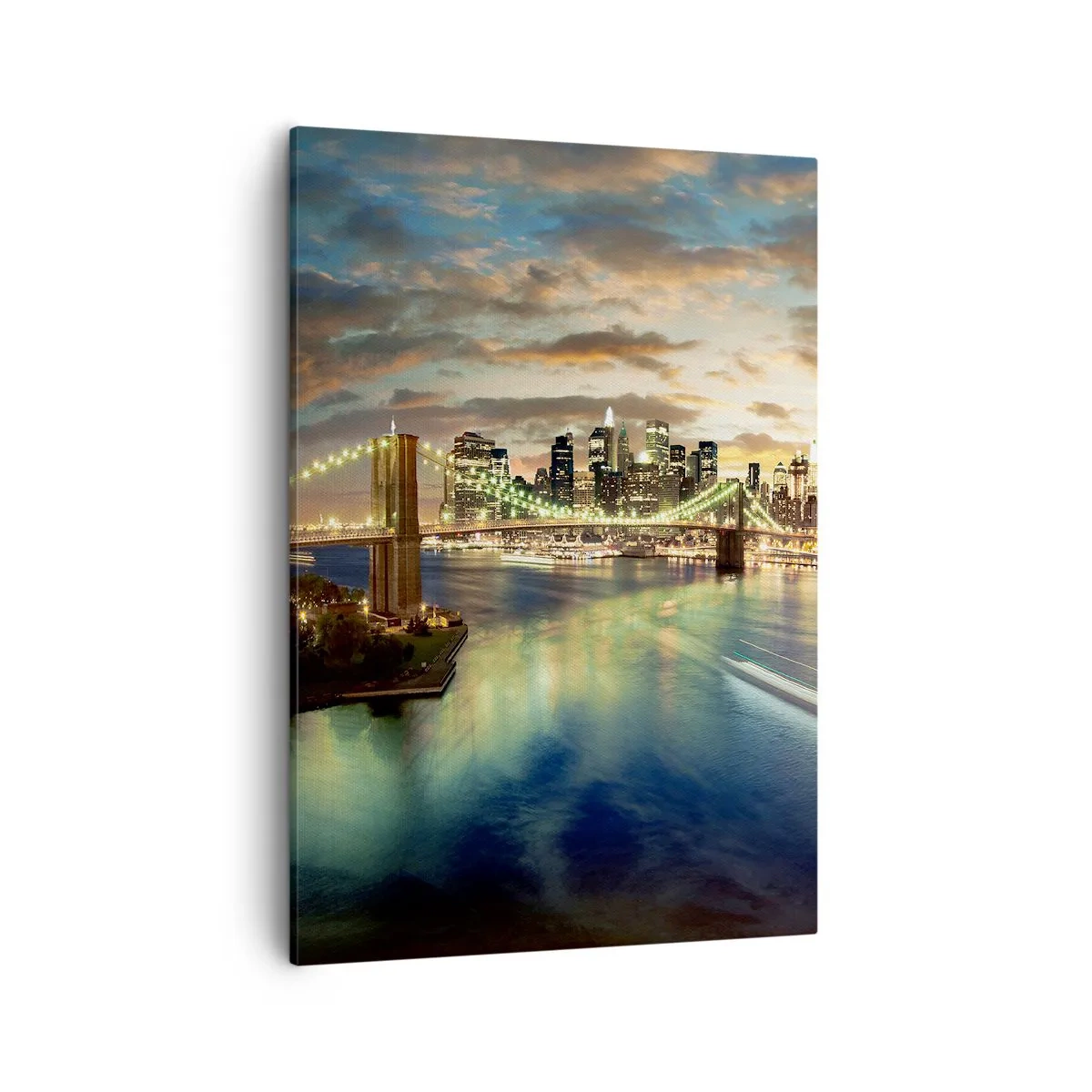 Obraz na płótnie - Widok na Brooklyn Bridge o zachodzie słońca - 50x70cm - Rozświetlony wieczór nad Manhatanem - Nowoczesna dekoracja ścienna do salonu, kuchni i sypialni ARTTOR