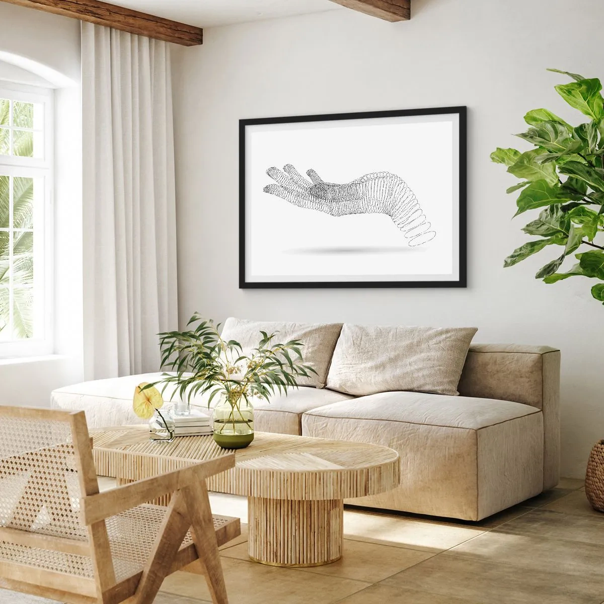 Plakat w czarnej ramie - Minimalistyczna ilustracja dłoni stworzona z czarnych kropek na białym tle - 100x70cm - Sprężysta dłoń - Nowoczesna dekoracja ścienna do salonu i sypialni ARTTOR