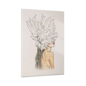 Obraz na szkle - Rysunek kobiety z długimi włosami i koroną z dużych piór - 50x70cm - Piękność ukoronowana - Nowoczesna dekoracja ścienna do salonu, kuchni i sypialni ARTTOR