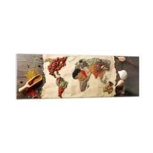 Obraz na szkle - Mapa świata wykonana z przypraw na drewnianym tle - 160x50cm - Wszystkie smaki świata - Nowoczesna dekoracja ścienna do salonu i sypialni ARTTOR
