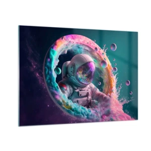 Obraz na szkle - Astronauta w kolorowej przestrzeni kosmicznej - 70x50cm - Gwiezdne wrota - Nowoczesna dekoracja ścienna do salonu i sypialni ARTTOR