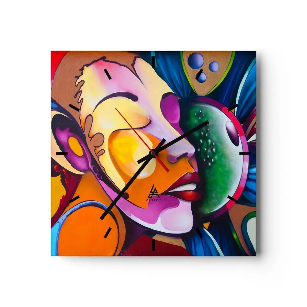 Zegar ścienny - Kolorowa abstrakcja z motywem twarzy w dynamicznej kompozycji - 30x30cm - Dotknąć kolorem - Nowoczesna dekoracja ścienna do salonu i sypialni ARTTOR