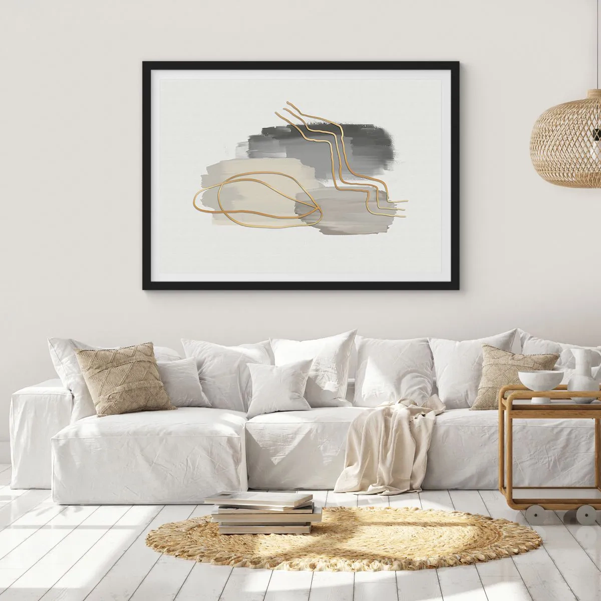 Plakat w czarnej ramie - Abstrakcyjne złote linie na szarym tle - 100x70cm - Trwanie i ruch - Nowoczesna dekoracja ścienna do salonu i sypialni ARTTOR