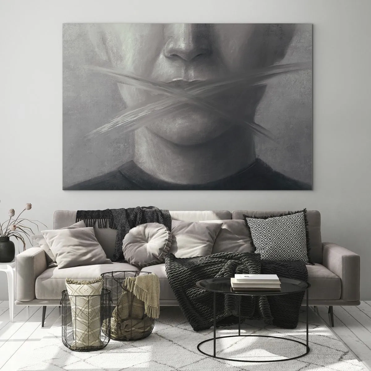 Obraz na szkle - Portret osoby z zamazanymi ustami w odcieniach szarości - 70x50cm - Ani słowa - Nowoczesna dekoracja ścienna do salonu i sypialni ARTTOR