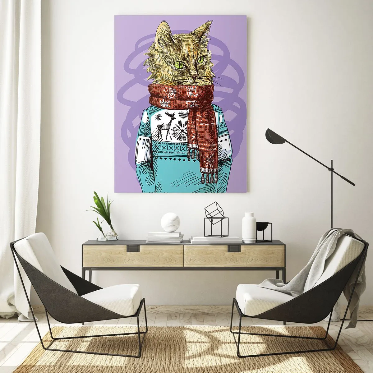 Obraz na szkle - Kot w swetrze i szaliku na fioletowym tle - 50x70cm - Kot nie tylko w butach - Nowoczesna dekoracja ścienna do salonu, kuchni i sypialni ARTTOR