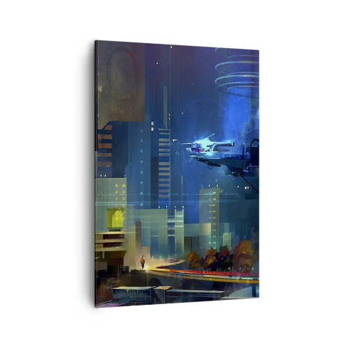 Obraz na płótnie - Futurystyczne miasto nocą z neonami i latającym pojazdem - 70x100cm - W niedalekiej przyszłości - Nowoczesna dekoracja ścienna do salonu i sypialni ARTTOR