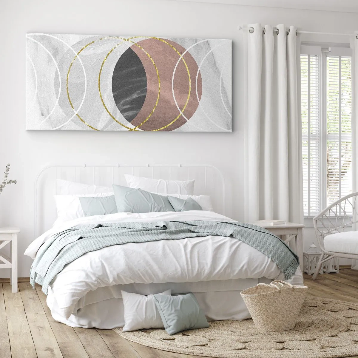 Obraz na płótnie - Abstrakcyjna kompozycja geometryczna z kołami i metalicznymi detalami - 120x50cm - Muzyka sfer - Nowoczesna dekoracja ścienna do salonu i sypialni ARTTOR