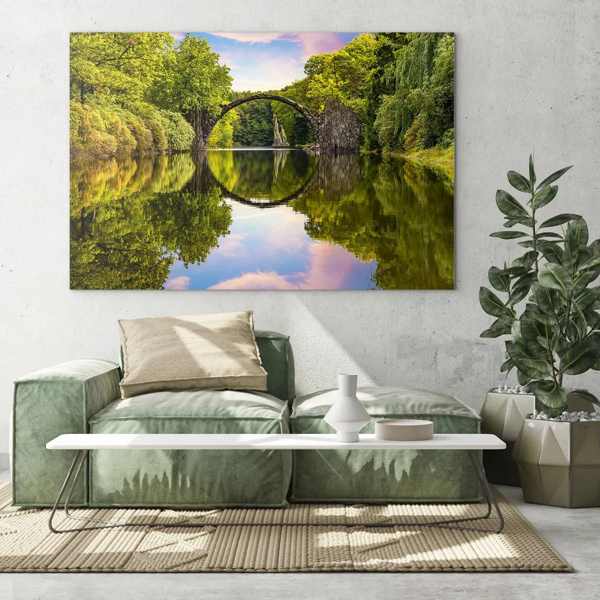 Obraz na szkle - Kamienny most odbijający się w spokojnej tafli jeziora - 70x50cm - Na styku dwóch światów - Nowoczesna dekoracja ścienna do salonu i sypialni ARTTOR