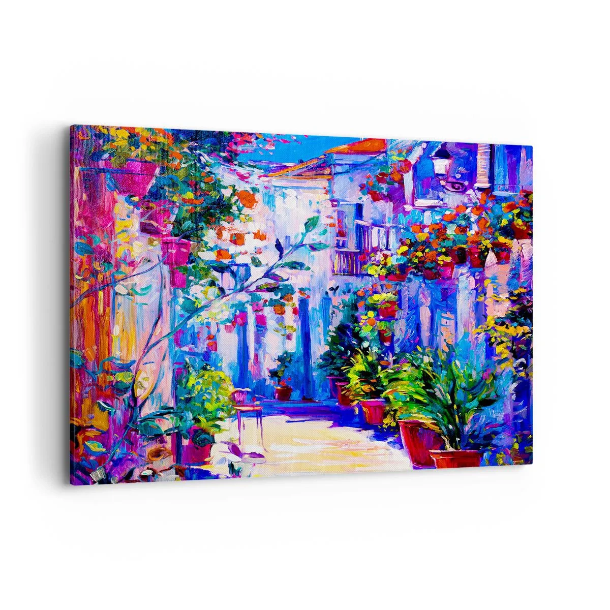 Obraz na płótnie - Kolorowa uliczka pełna kwiatów - 120x80cm - Impresja - włoska uliczka - Nowoczesna dekoracja ścienna do salonu, kuchni i sypialni ARTTOR