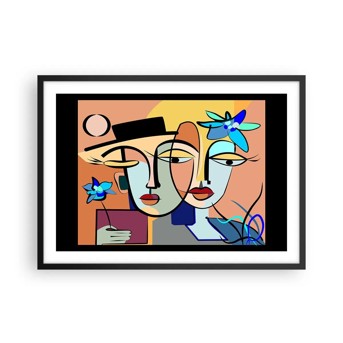 Plakat w czarnej ramie - Kubistyczne portrety w żywych kolorach z kwiatowym motywem - 70x50cm - Picassowskie randez vous - Nowoczesna dekoracja ścienna do salonu i sypialni ARTTOR