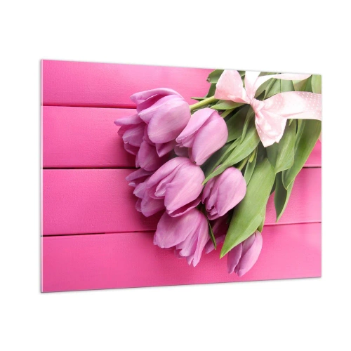 Obraz na szkle - Bukiet różowych tulipanów na drewnianym tle - 100x70cm - Właśnie dla ciebie - Nowoczesna dekoracja ścienna do salonu, kuchni i sypialni ARTTOR