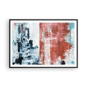 Plakat w czarnej ramie - Abstrakcja w biało-niebieskich i ceglanych barwach - 100x70cm - Abstrakcyjne pół na pół - Nowoczesna dekoracja ścienna do salonu i sypialni ARTTOR