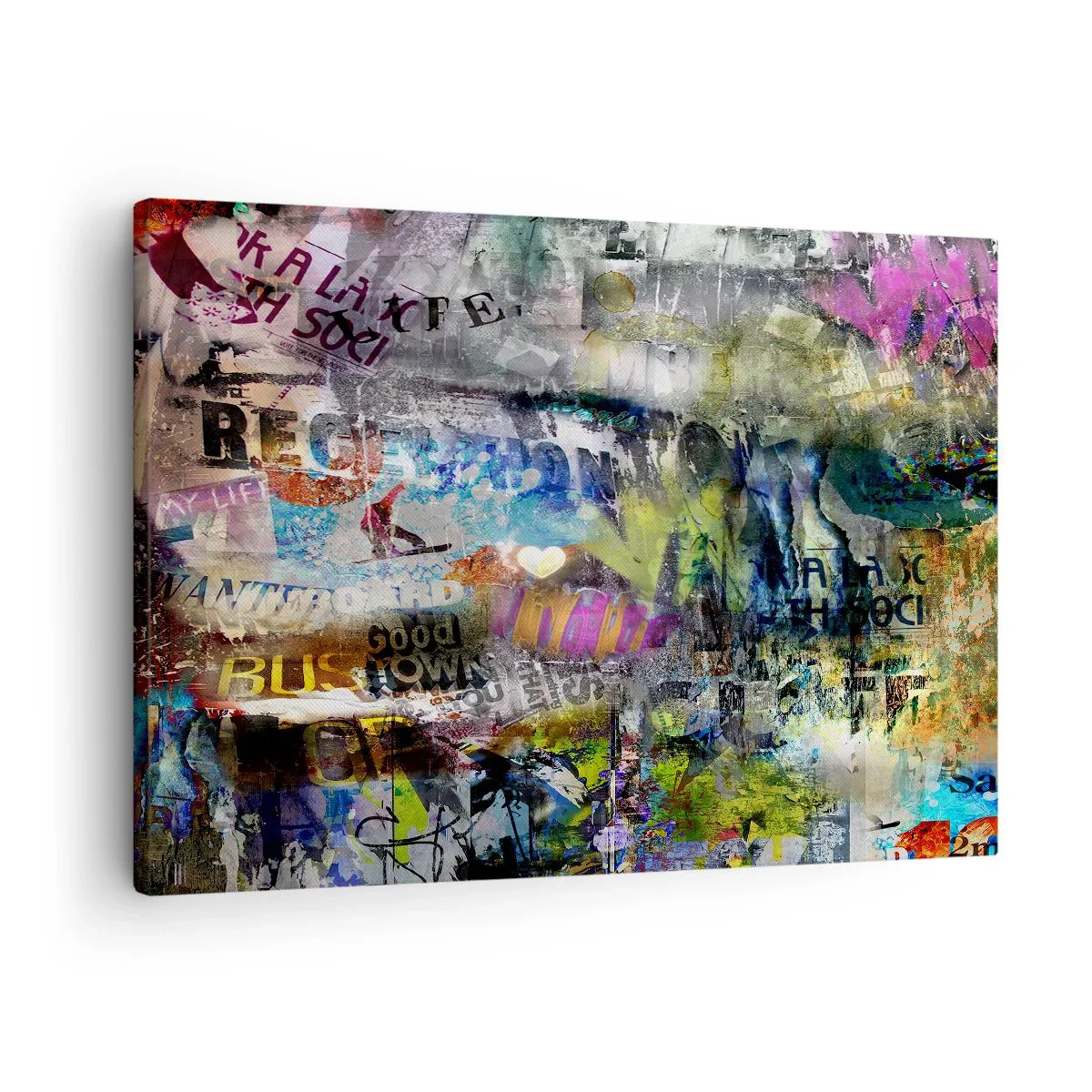 Obraz na płótnie - Abstrakcyjny kolaż z tekstami i różnorodnymi kolorami - 70x50cm - Kolaż wspomnień - Nowoczesna dekoracja ścienna do salonu i sypialni ARTTOR
