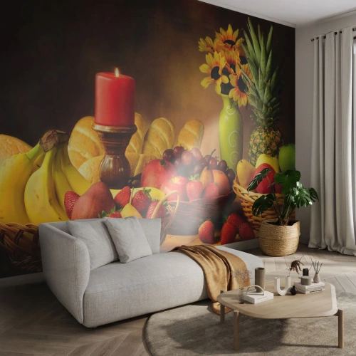 Fototapeta Premium Sand - Martwa natura z pieczywem i owocami - Gastronomia, Kwiaty, Owoce - 400x280 cm