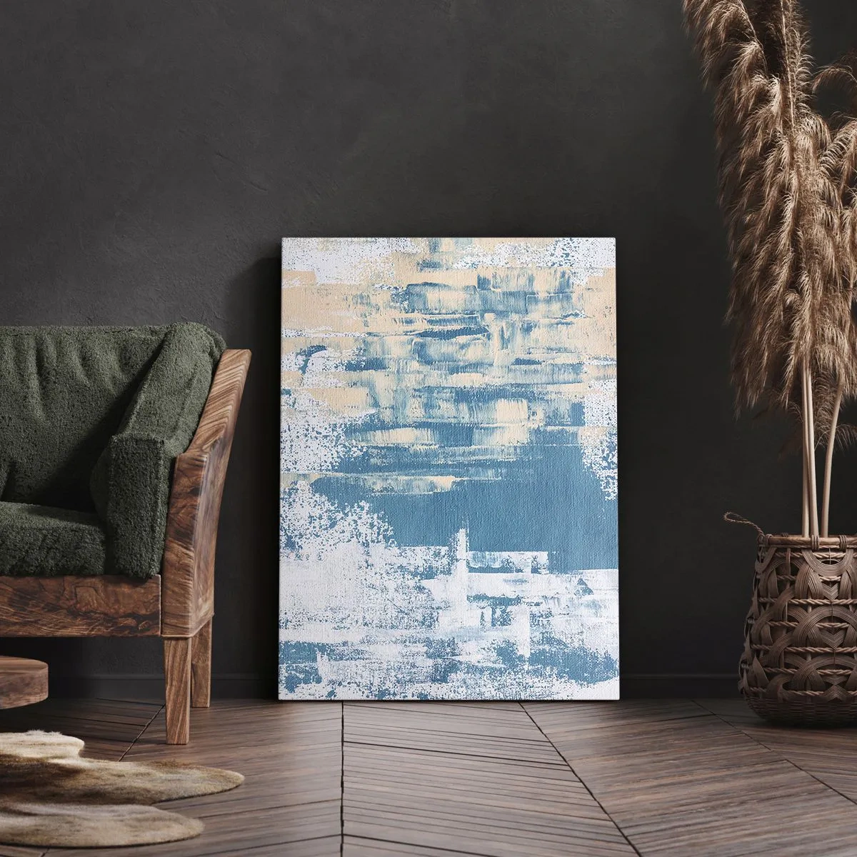 Obraz na płótnie - Abstrakcyjna kompozycja w odcieniach błękitu, beżu i bieli - 50x70cm - Przez lodowy sopel - Nowoczesna dekoracja ścienna do salonu, kuchni i sypialni ARTTOR