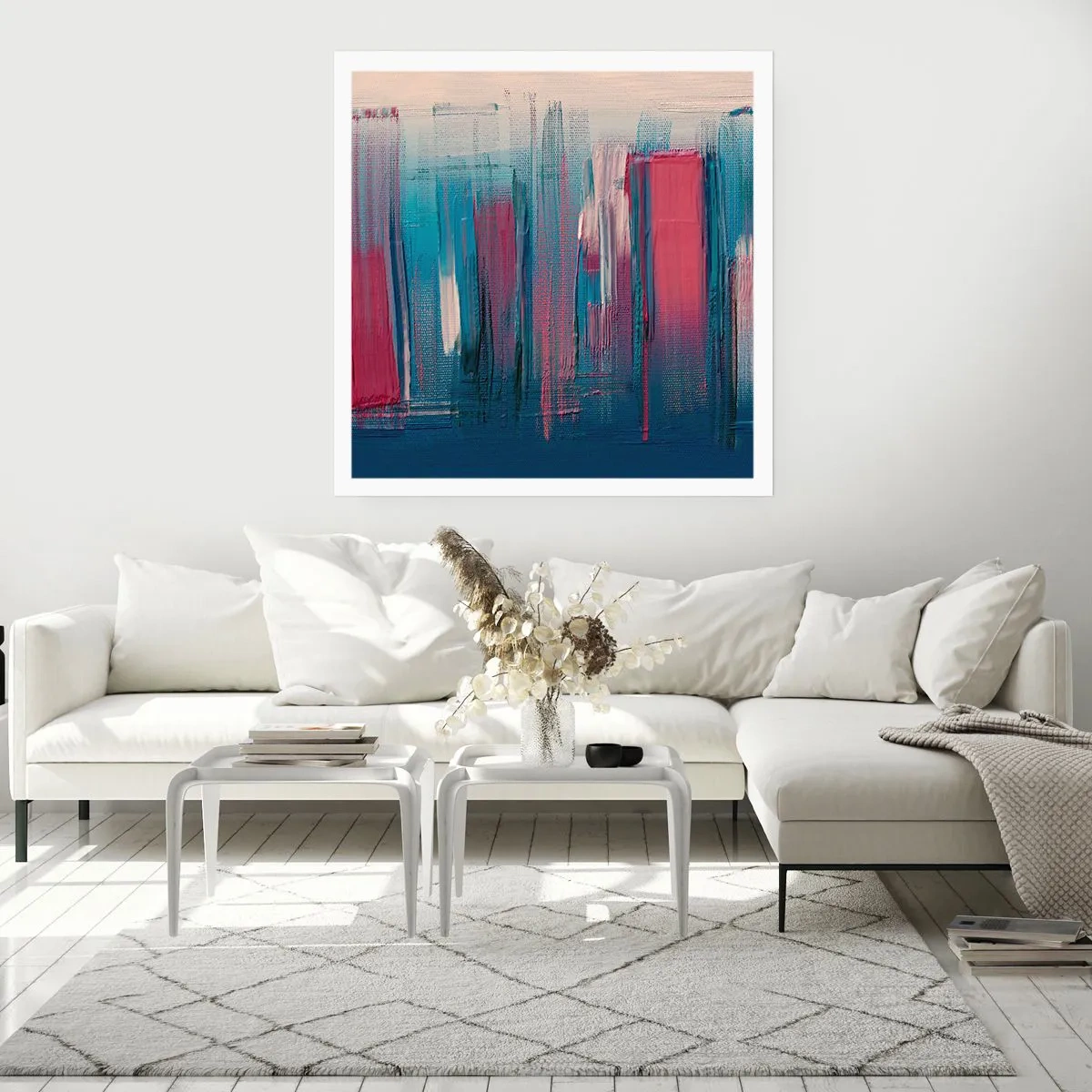 Plakat - Kompozycja wertykalna w błękicie i czerwieni - 60x60 cm