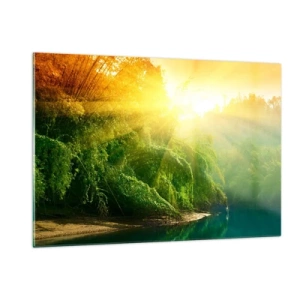Obraz na szkle - Słoneczne promienie nad zieloną roślinnością przy rzece - 120x80cm - Utonąć w słońcu i w cieniu - Nowoczesna dekoracja ścienna do salonu, kuchni i sypialni ARTTOR