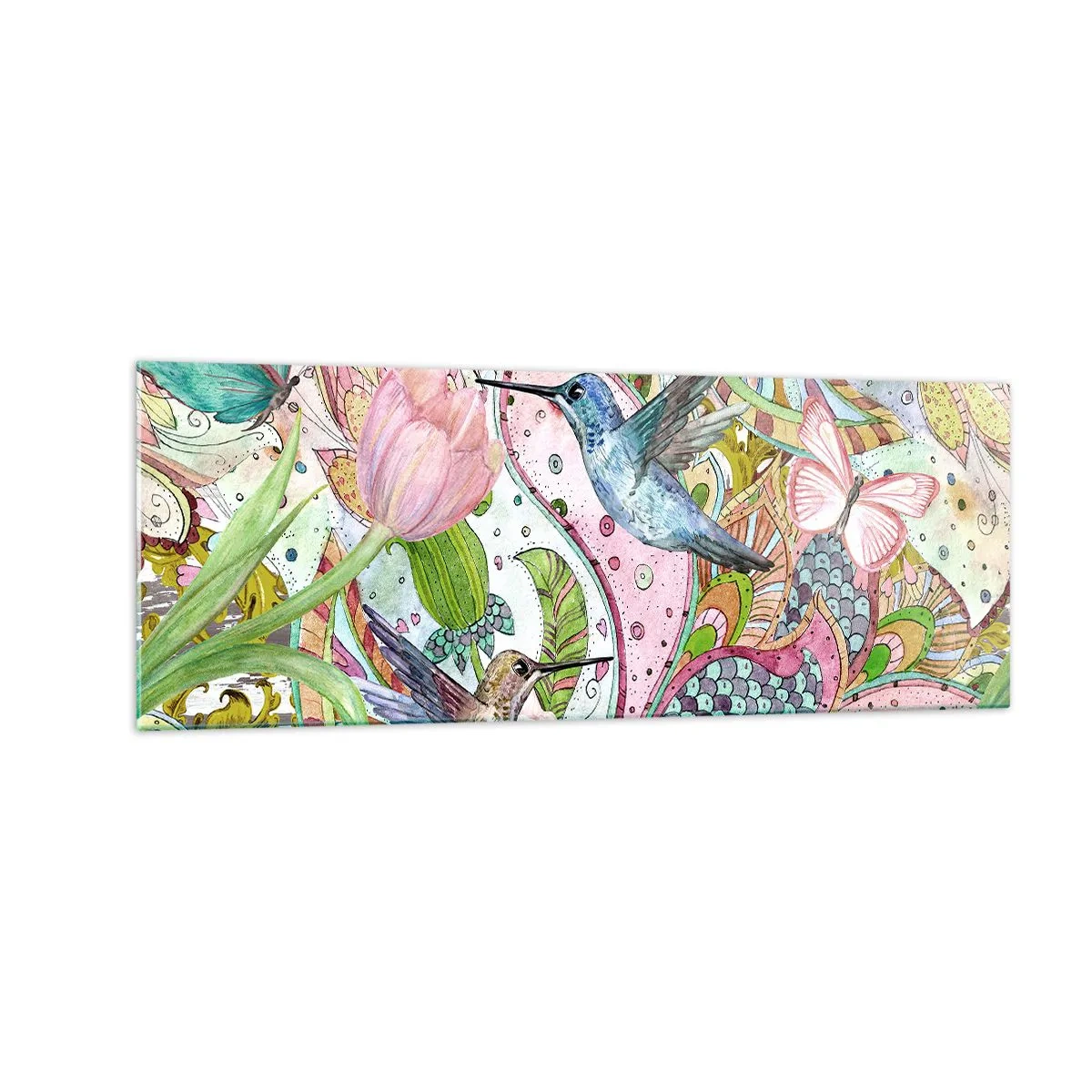 Obraz na szkle - Kolorowe kolibry i motyle wśród roślin - 140x50cm - Wplątane w pnączach - Nowoczesna dekoracja ścienna do salonu i sypialni ARTTOR