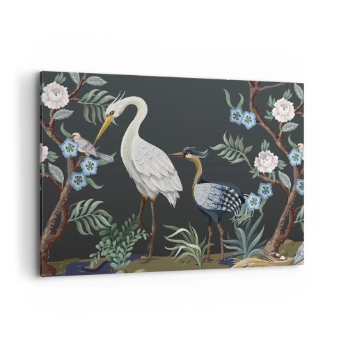 Obraz na płótnie - Malowane ptaki i rośliny na ciemnym tle o eleganckim wzorze - 100x70cm - Ptasia parada - Nowoczesna dekoracja ścienna do salonu, kuchni i sypialni ARTTOR