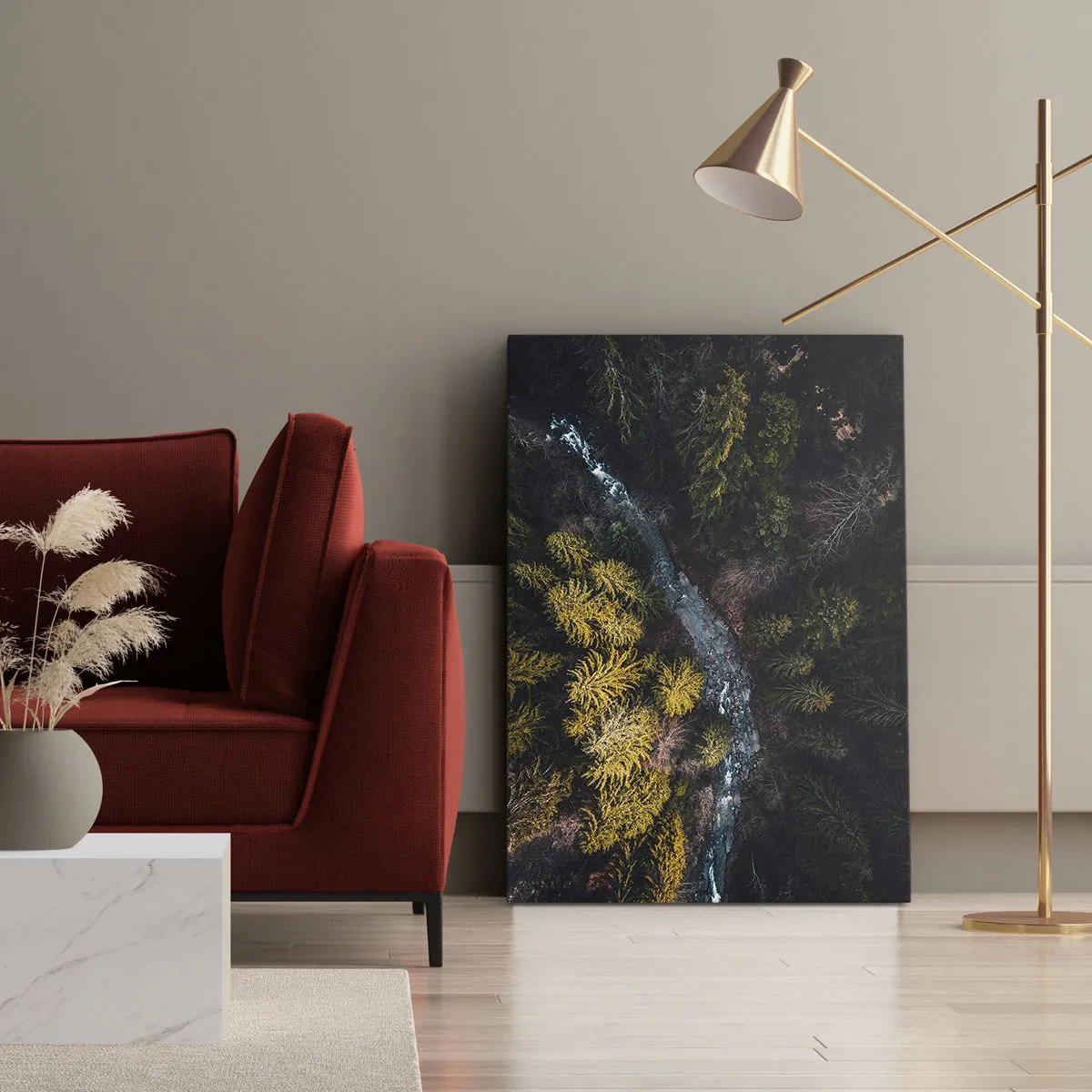 Obraz na płótnie - Widok z góry na las z wijącą się rzeką - 80x120cm - Szybko, coraz szybciej - Nowoczesna dekoracja ścienna do salonu i sypialni ARTTOR