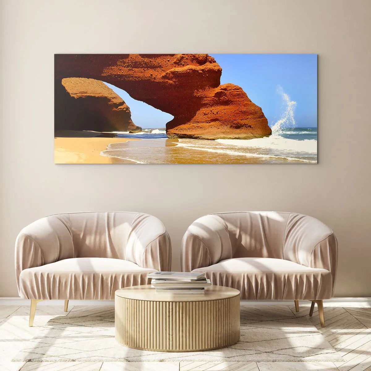 Obraz na szkle - Naturalny łuk skalny na plaży z błękitnym niebem i falami - 160x50cm - Woda i wiatr przez tysiące lat - Nowoczesna dekoracja ścienna do salonu i sypialni ARTTOR
