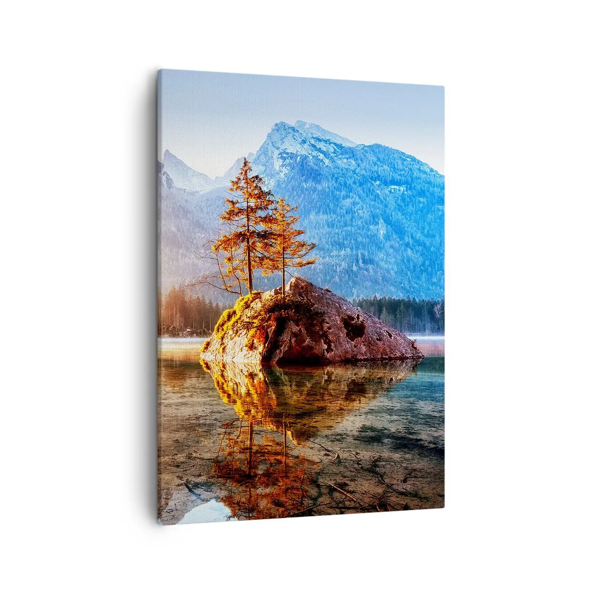Obraz na płótnie - Skała z drzewami na jeziorze z górami w tle - 50x70cm - Natura w nowym świetle - Nowoczesna dekoracja ścienna do salonu, kuchni i sypialni ARTTOR