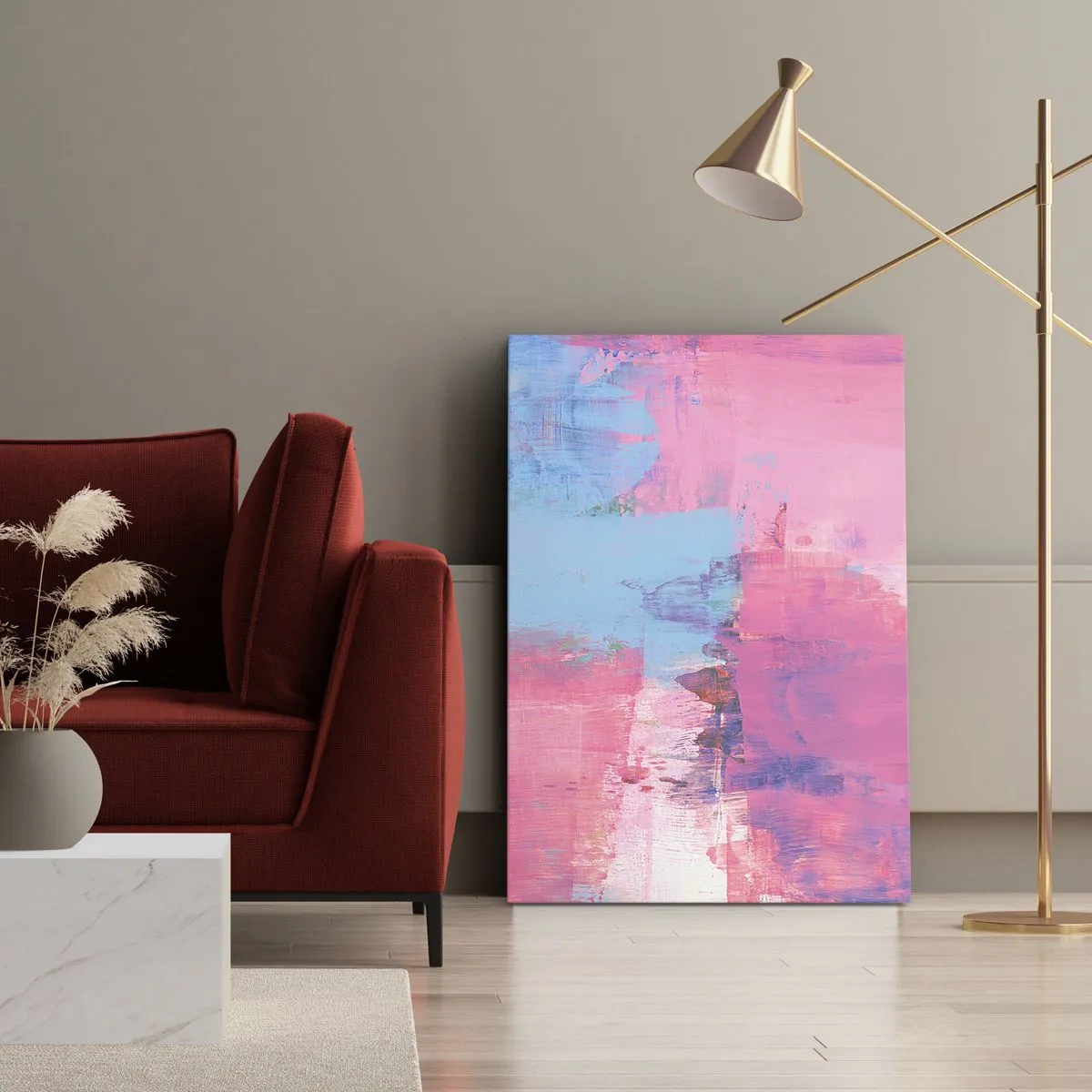 Obraz na płótnie - Abstrakcyjna kompozycja w odcieniach różu, błękitu i fioletu - 50x70cm - Róż, błękit i szczypta światła - Nowoczesna dekoracja ścienna do salonu, kuchni i sypialni ARTTOR