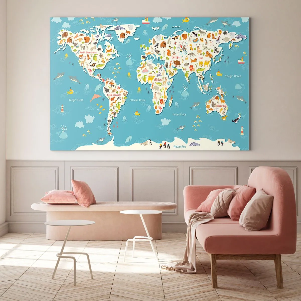 Obraz na szkle - Kolorowa mapa świata z motywami zwierząt i oceanu - 100x70cm - Kochamy cały świat - Nowoczesna dekoracja ścienna do salonu, kuchni i sypialni ARTTOR