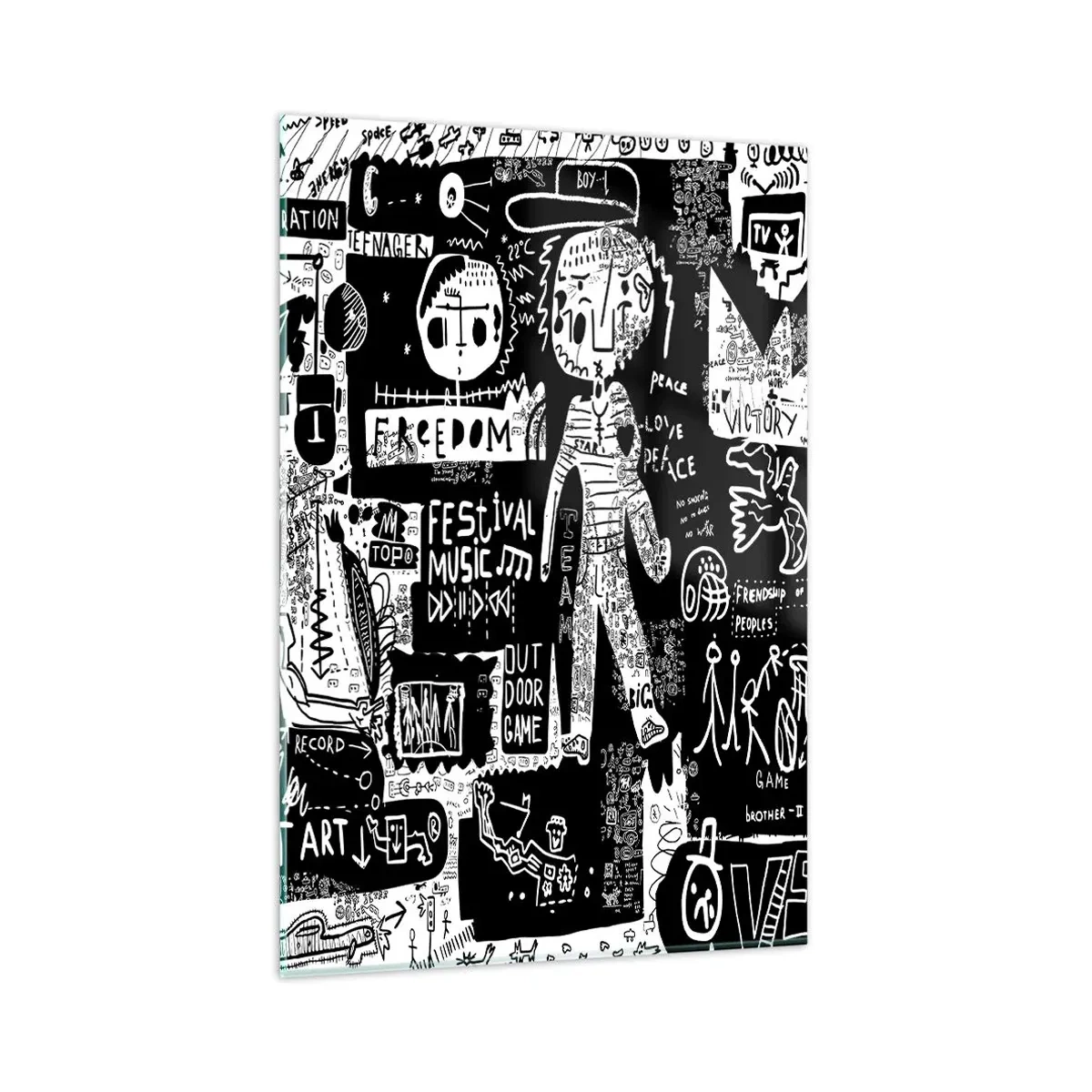 Obraz na szkle - Czarno-biały kolaż inspirowany sztuką uliczną - 80x120cm - Duchowej młodości prawa i radości - Nowoczesna dekoracja ścienna do salonu i sypialni ARTTOR