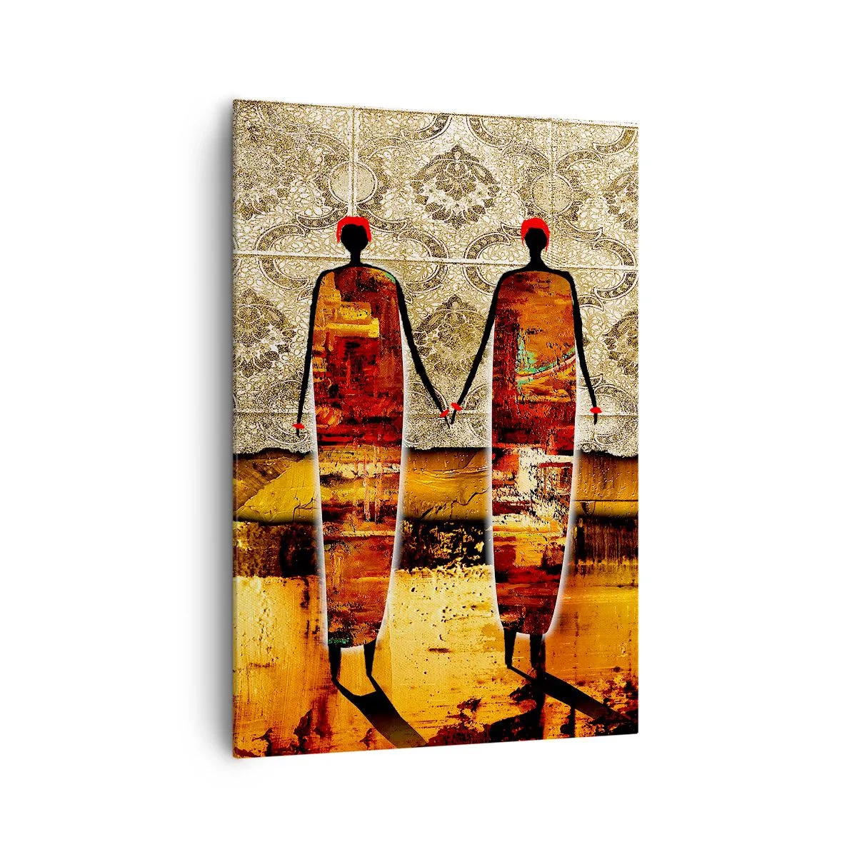 Obraz na płótnie - Abstrakcyjna para postaci na tle złotych wzorów i krajobrazu - 70x100cm - Kompozycja etniczna w kolorach Afryki - Nowoczesna dekoracja ścienna do salonu i sypialni ARTTOR