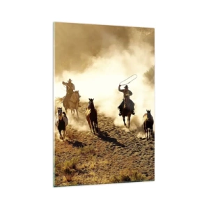 Obraz na szkle - Kowboje na koniach w akcji na pustynnym terenie - 80x120cm - Naprawdę dziki zachód - Nowoczesna dekoracja ścienna do salonu i sypialni ARTTOR