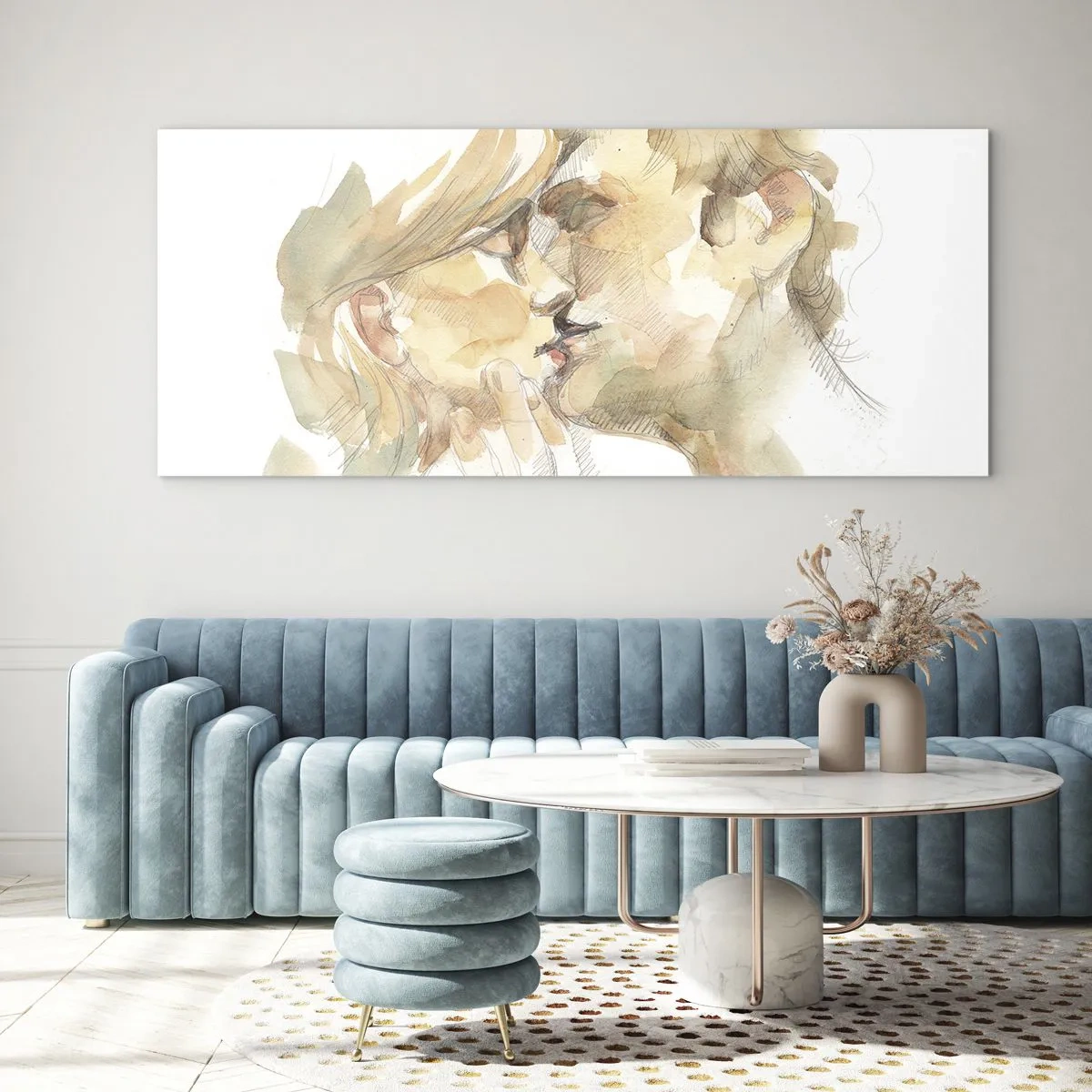 Obraz na szkle - Romantyczny akwarelowy portret pary w pocałunku - 120x50cm - Odnaleziona połowa? - Nowoczesna dekoracja ścienna do salonu i sypialni ARTTOR