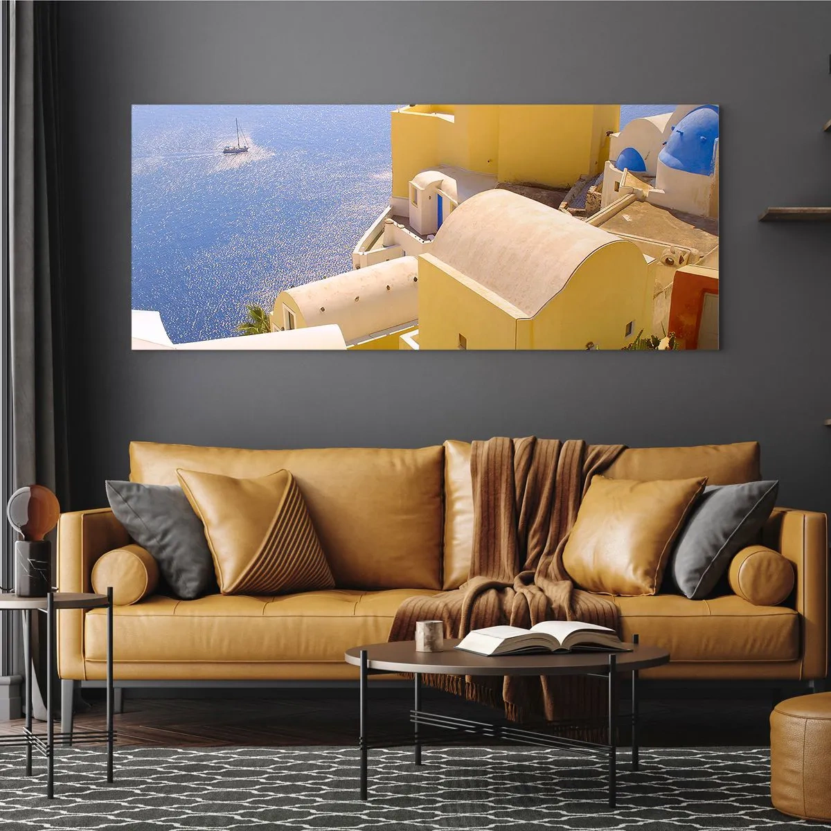 Obraz na szkle - Grecki pejzaż w bieli i błękicie - 100x40 cm