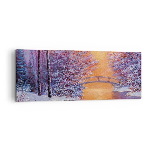 Obraz na płótnie - Zimowy krajobraz z mostkiem i zachodem słońca - 140x50cm - Spotkajmy się tu - Nowoczesna dekoracja ścienna do salonu i sypialni ARTTOR